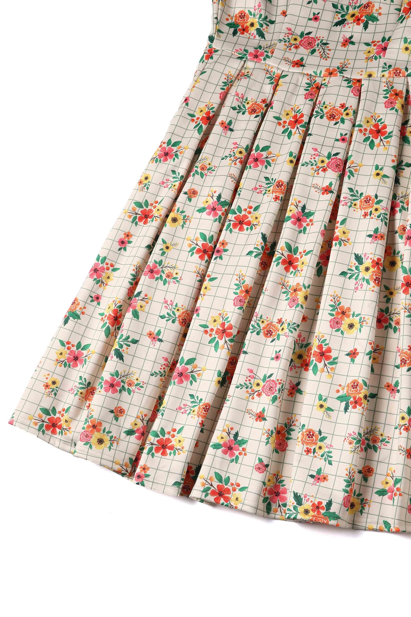 EU STOCK Amanda Cream Floral & Subtle Checkered Print  Scoop Neck Swing Dress