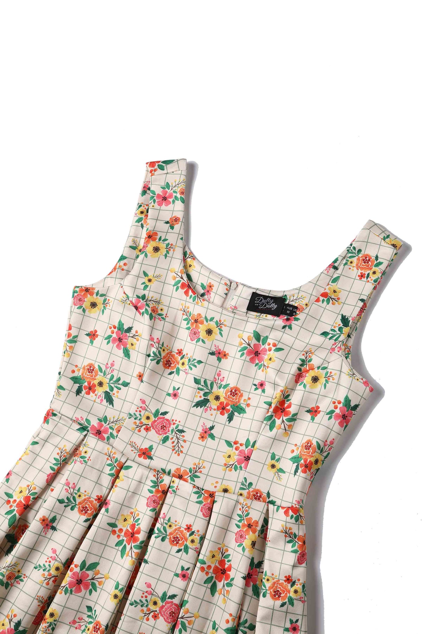 EU STOCK Amanda Cream Floral & Subtle Checkered Print  Scoop Neck Swing Dress