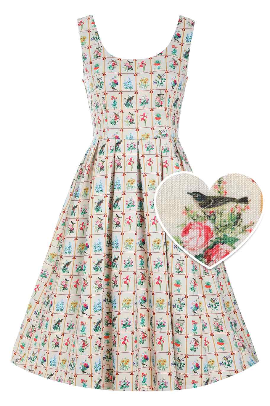 Amanda Cream Floral Frame Print Scoop Neck Swing Dress