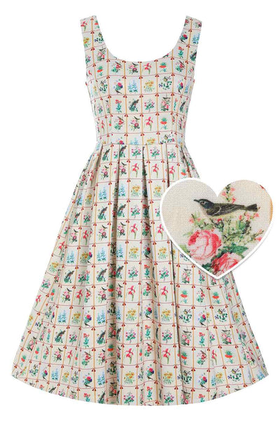 Amanda Cream Floral Frame Print Scoop Neck Swing Dress