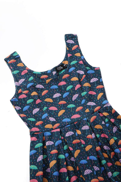 EU STOCK Amanda Dark Blue Umbrella Print Stretchy Dress