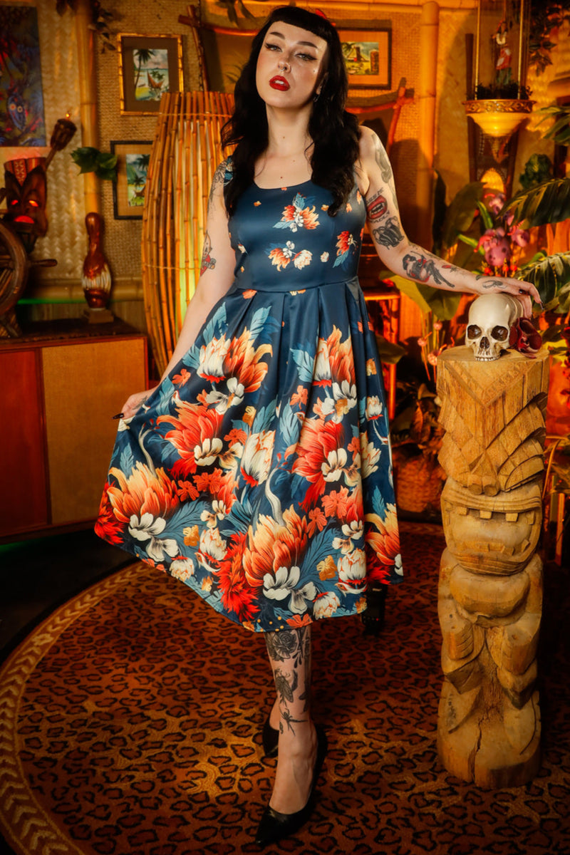 EU STOCK Amanda Dark Jungle Green Raised Floral Print Swing Dress