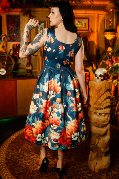 EU STOCK Amanda Dark Jungle Green Raised Floral Print Swing Dress