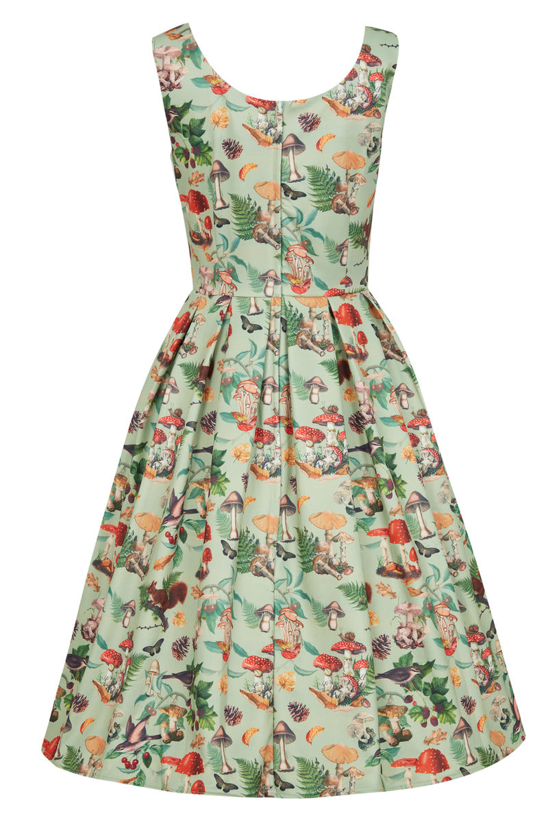 EU STOCK Amanda Scoop Neck Swing Dress in Mushroom and Forest Print
