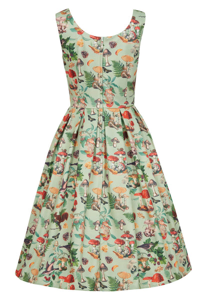 EU STOCK Amanda Scoop Neck Swing Dress in Mushroom and Forest Print