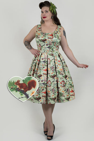 EU STOCK Amanda Scoop Neck Swing Dress in Mushroom and Forest Print