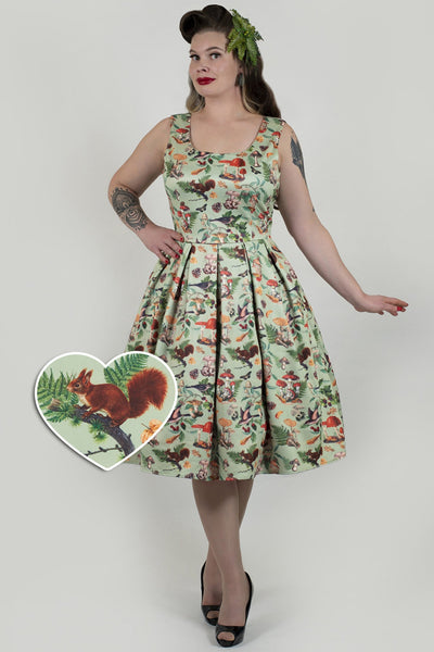 Amanda Scoop Neck Swing Dress in Mushroom and Forest Print