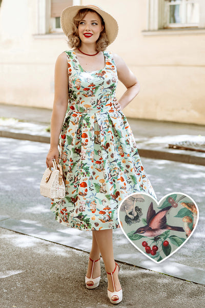 EU STOCK Amanda Scoop Neck Swing Dress in Mushroom and Forest Print