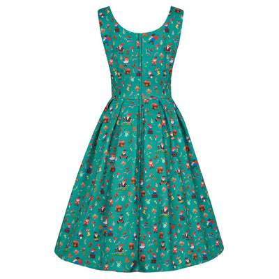 EU STOCK Amanda Scoop Neck Swing Dress in Dark Green Garden Print