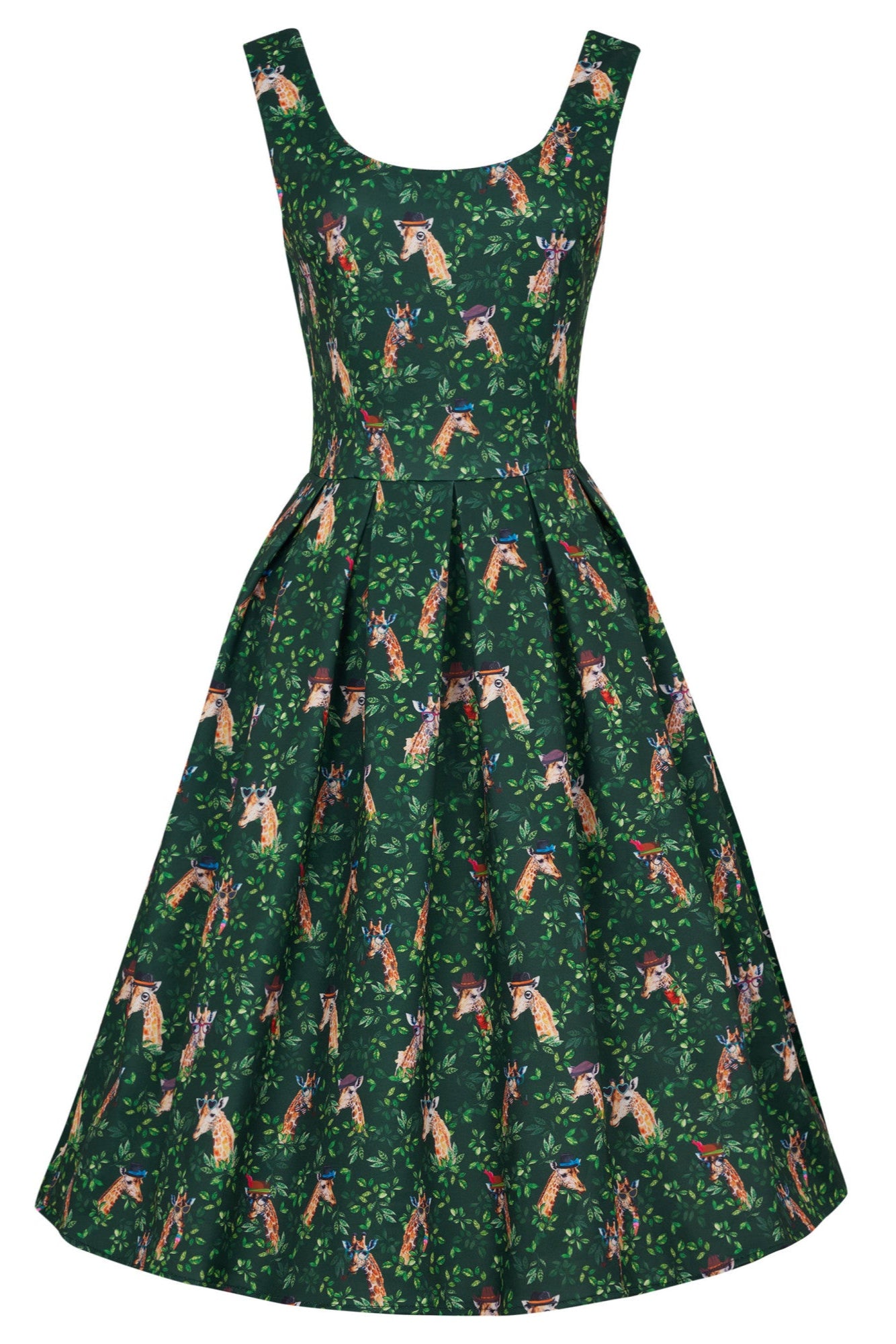 Amanda Scoop Neck Swing Dress in Green Cute Giraffe Print