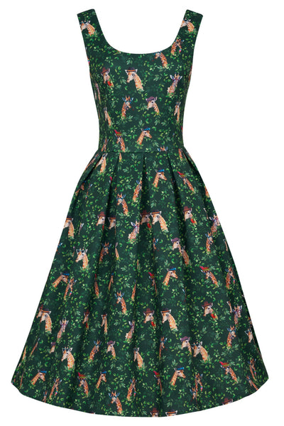 Amanda Scoop Neck Swing Dress in Green Cute Giraffe Print