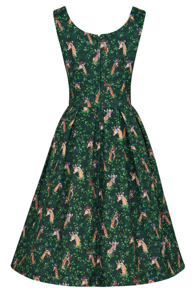 Amanda Scoop Neck Swing Dress in Green Cute Giraffe Print