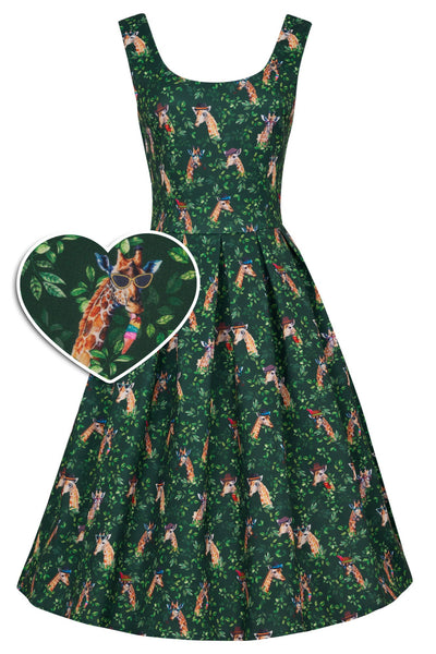 Amanda Scoop Neck Swing Dress in Green Cute Giraffe Print