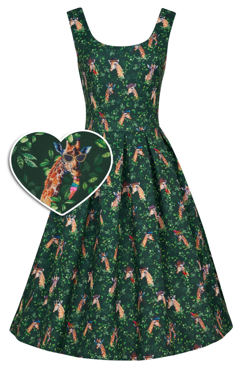 Amanda Scoop Neck Swing Dress in Green Cute Giraffe Print