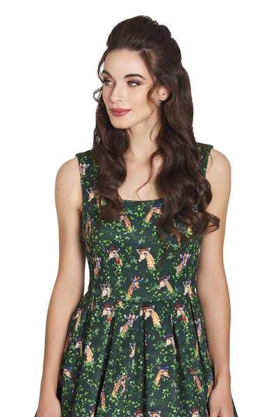 PRE ORDER Amanda Scoop Neck Swing Dress in Green Cute Giraffe Print