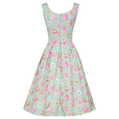 PRE-ORDER Amanda Scoop Neck Swing Dress in Light Green Stripes & Doughnuts