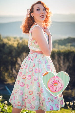PRE-ORDER Amanda Scoop Neck Swing Dress in Light Green Stripes & Doughnuts