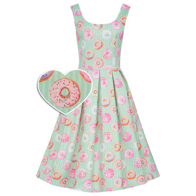 PRE-ORDER Amanda Scoop Neck Swing Dress in Light Green Stripes & Doughnuts