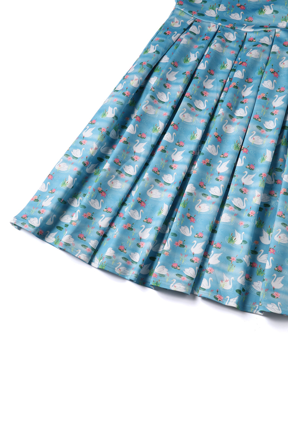EU STOCK Amanda Scoop Neck Light Blue Swing Dress with Swan Print