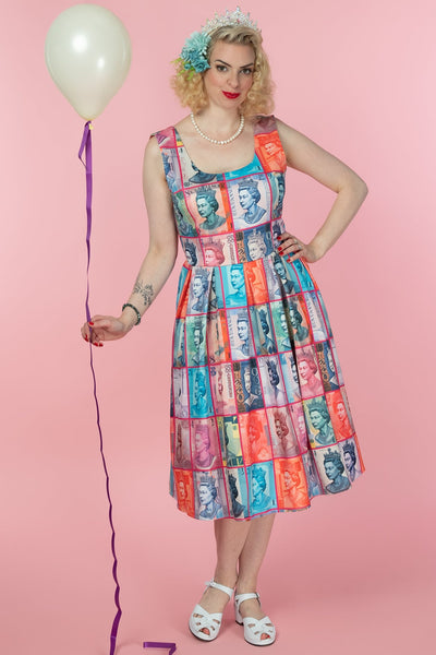 PRE ORDER Amanda Multicolored Queen Elizabeth Print Scoop Neck Swing Dress