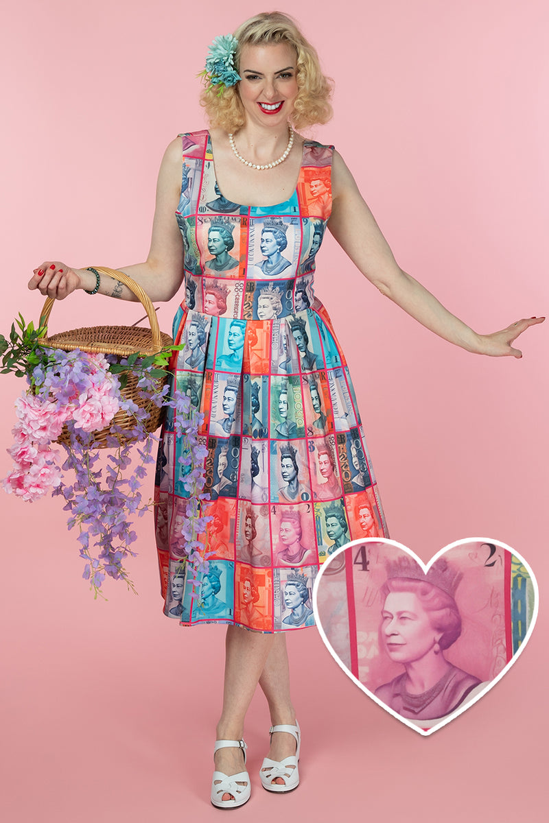 PRE ORDER Amanda Multicolored Queen Elizabeth Print Scoop Neck Swing Dress