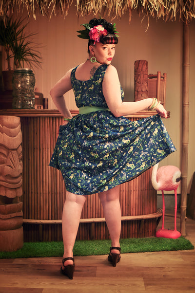 PRE ORDER Amanda Swing Dress in Navy Blue T-Rex Print