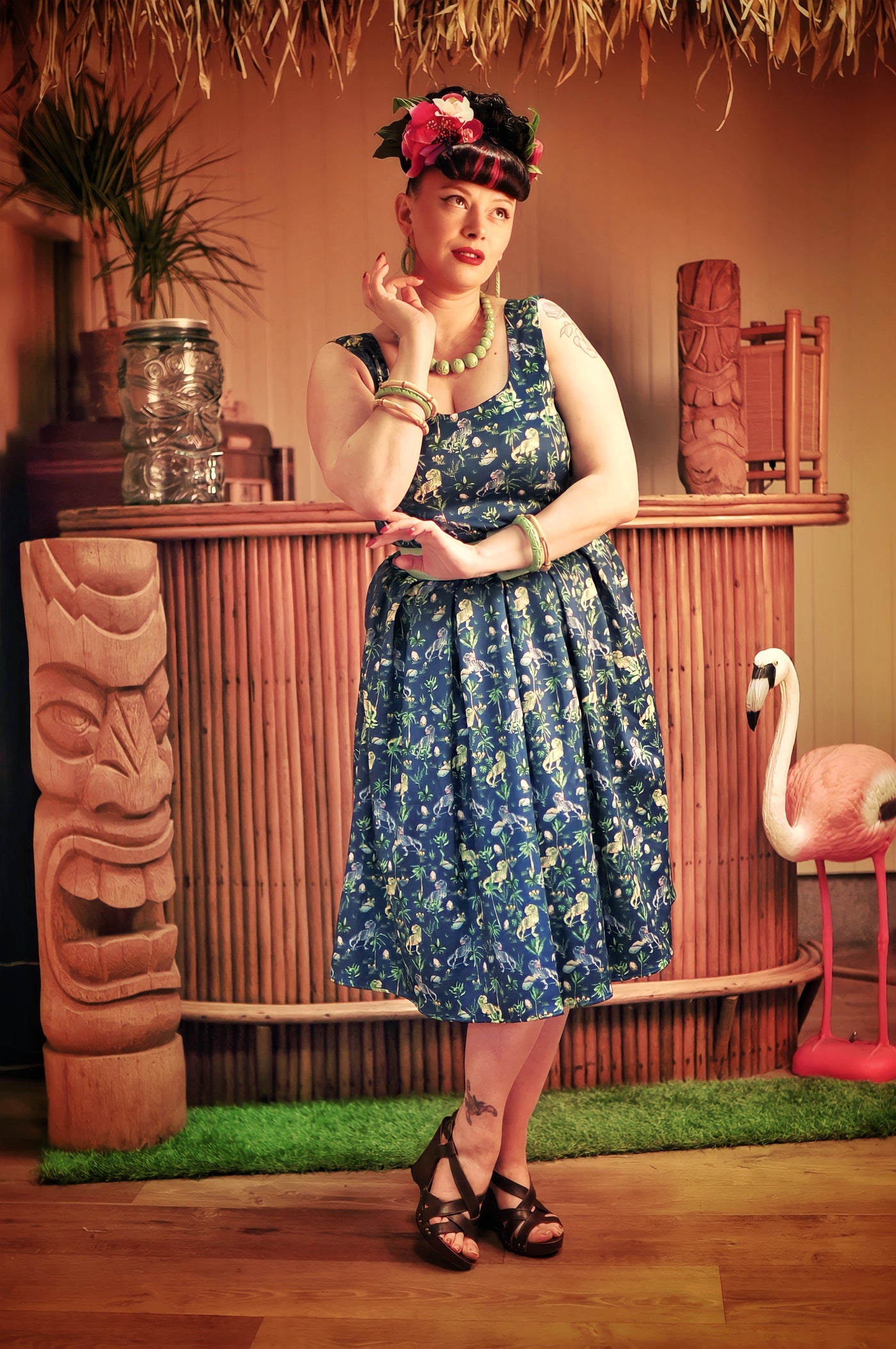 PRE ORDER Amanda Swing Dress in Navy Blue T-Rex Print