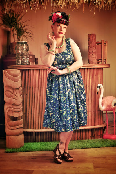 PRE ORDER Amanda Swing Dress in Navy Blue T-Rex Print