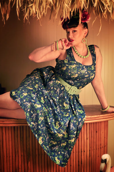 PRE ORDER Amanda Swing Dress in Navy Blue T-Rex Print