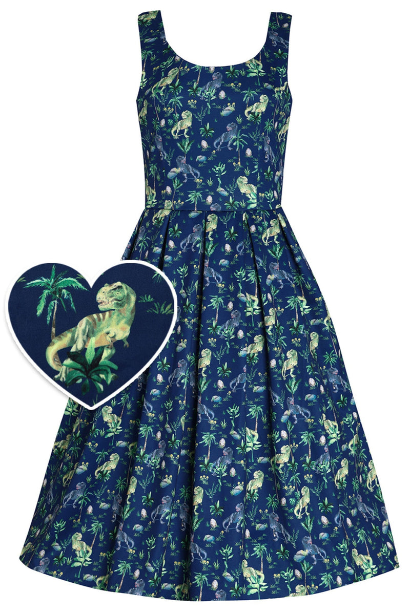 Amanda Swing Dress in Navy Blue T-Rex Print