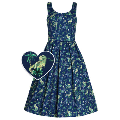PRE ORDER Amanda Swing Dress in Navy Blue T-Rex Print