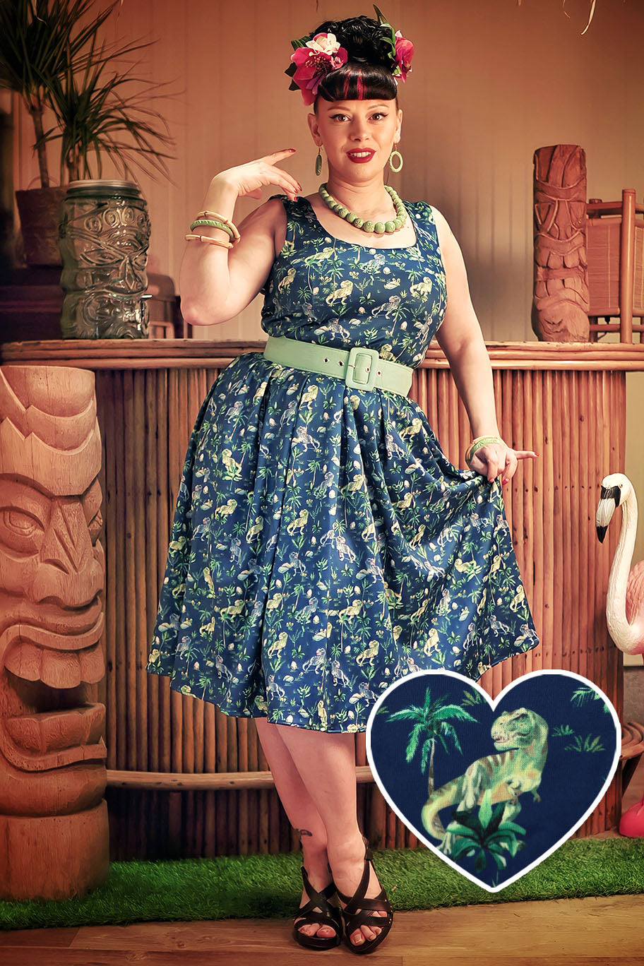 PRE ORDER Amanda Swing Dress in Navy Blue T-Rex Print