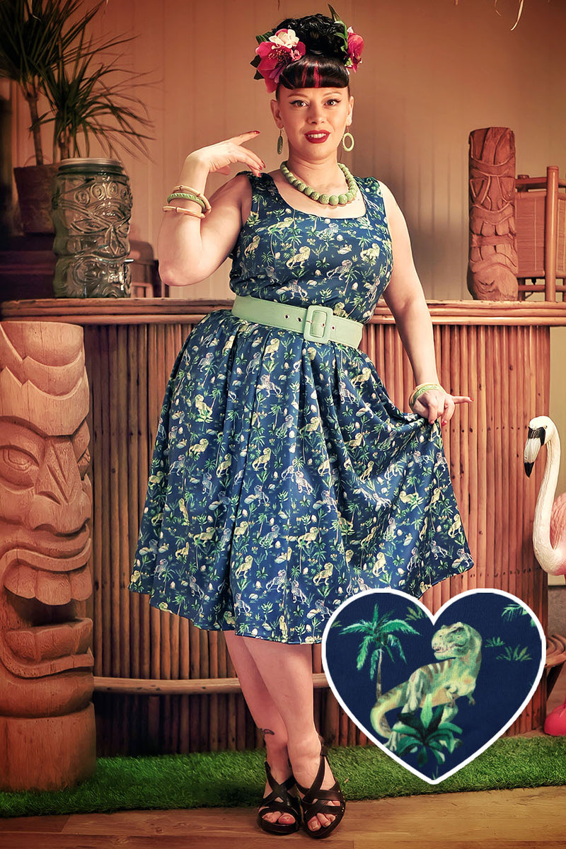 PRE ORDER Amanda Swing Dress in Navy Blue T-Rex Print