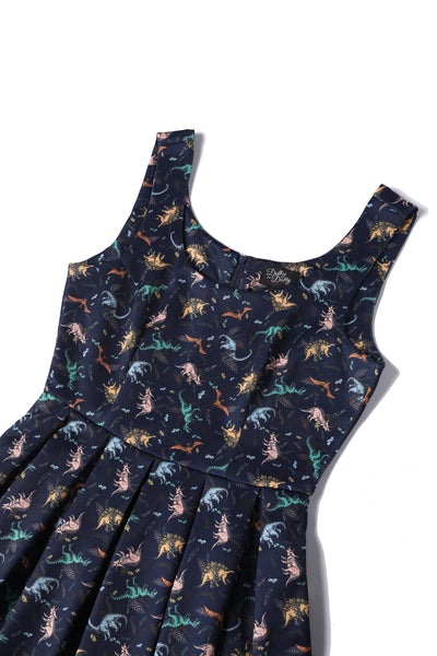 PRE ORDER Amanda Multi-coloured Dinosaurs in Navy Blue Flared Dress