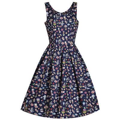 Amanda Swing Dress in Navy Blue Wonderland Print