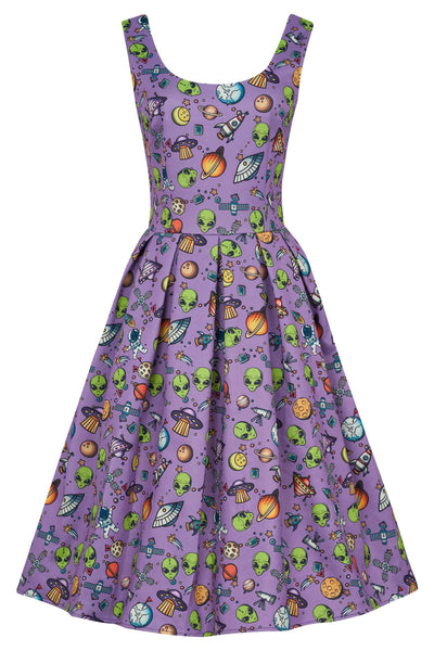 Amanda Scoop Neck Swing Dress in Purple UFO & Alien Print