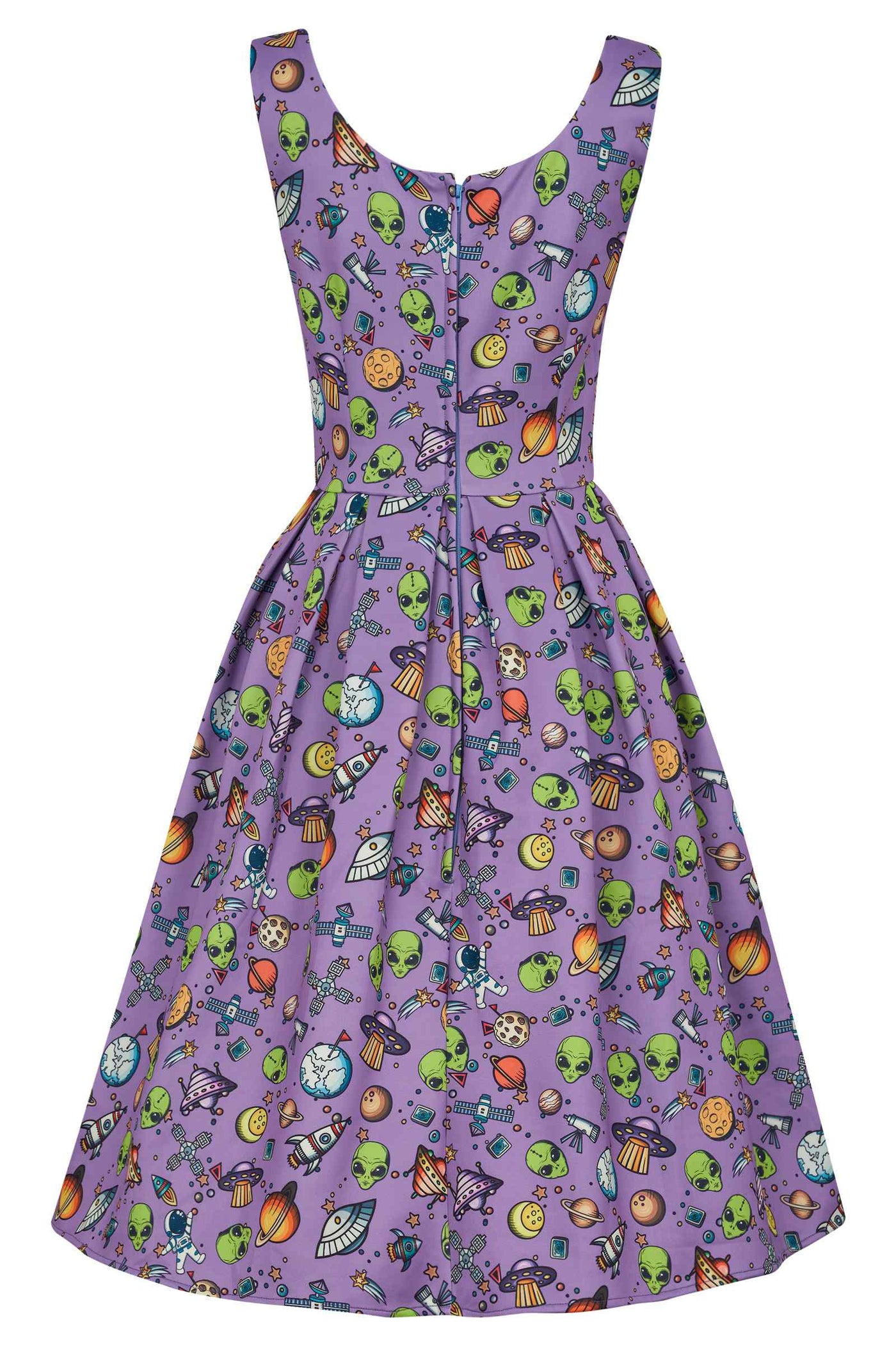 Amanda Scoop Neck Swing Dress in Purple UFO & Alien Print