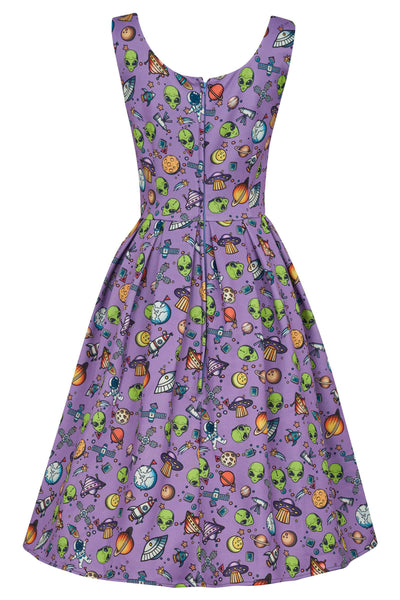 Amanda Scoop Neck Swing Dress in Purple UFO & Alien Print