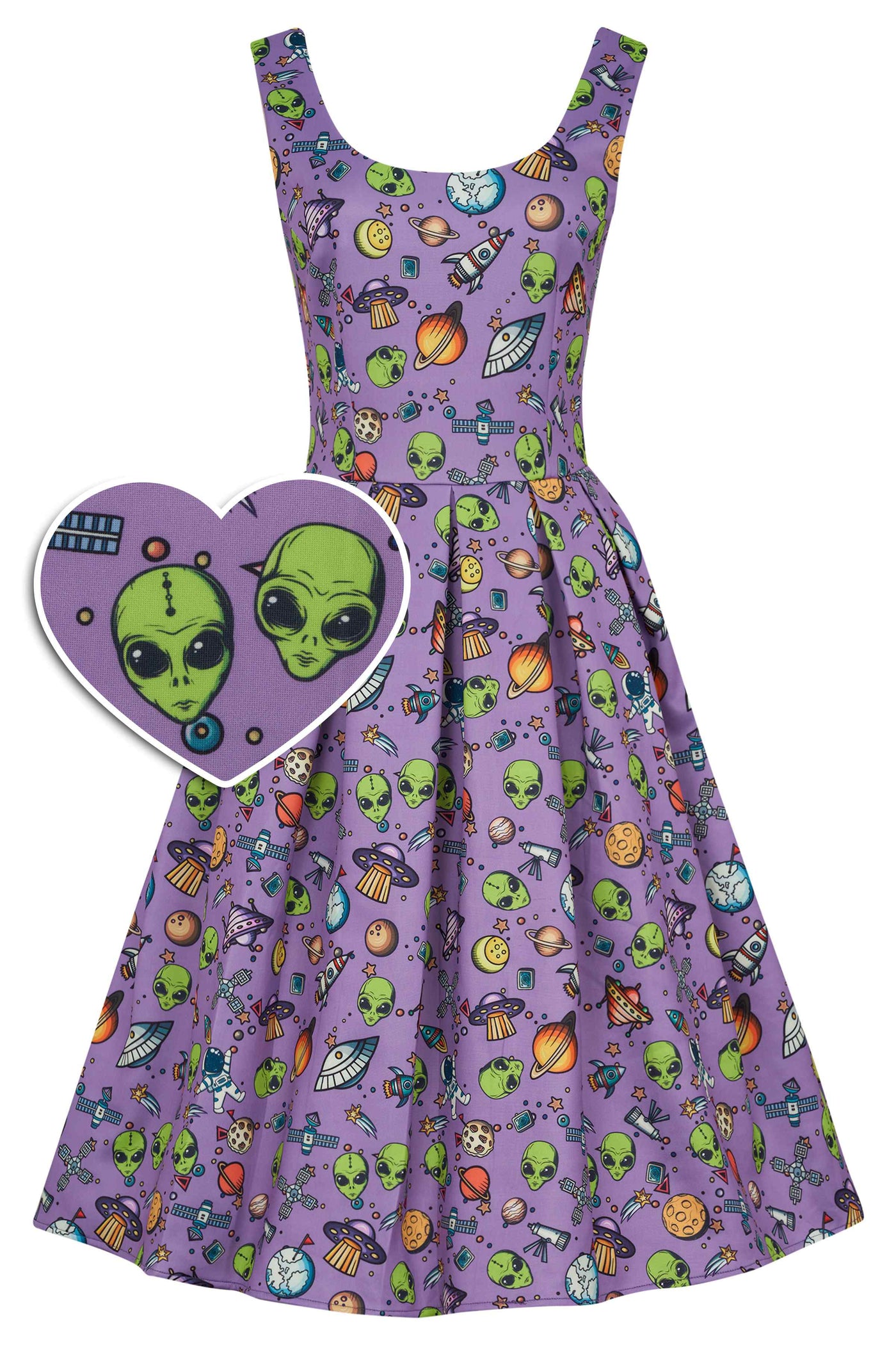 Amanda Scoop Neck Swing Dress in Purple UFO & Alien Print