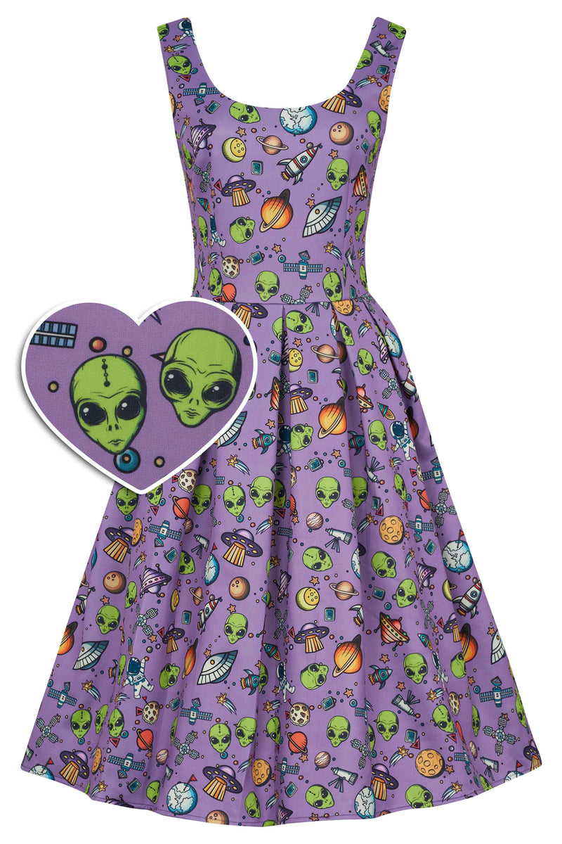 Amanda Scoop Neck Swing Dress in Purple UFO & Alien Print