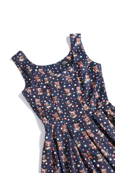 Amanda Purple Yorkie & Colourful Polka Dot Print Swing Dress