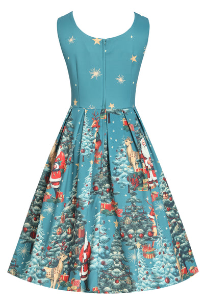 Amanda Dark Desaturated Cyan Christmas Santa Print Dress