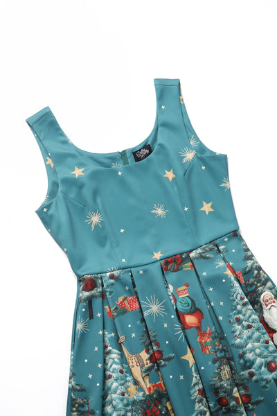 Amanda Dark Desaturated Cyan Christmas Santa Print Dress