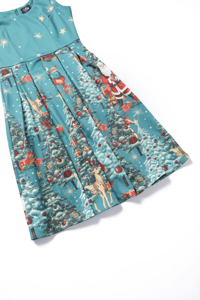 Amanda Dark Desaturated Cyan Christmas Santa Print Dress