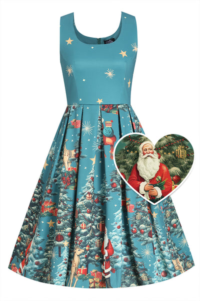 Amanda Dark Desaturated Cyan Christmas Santa Print Dress
