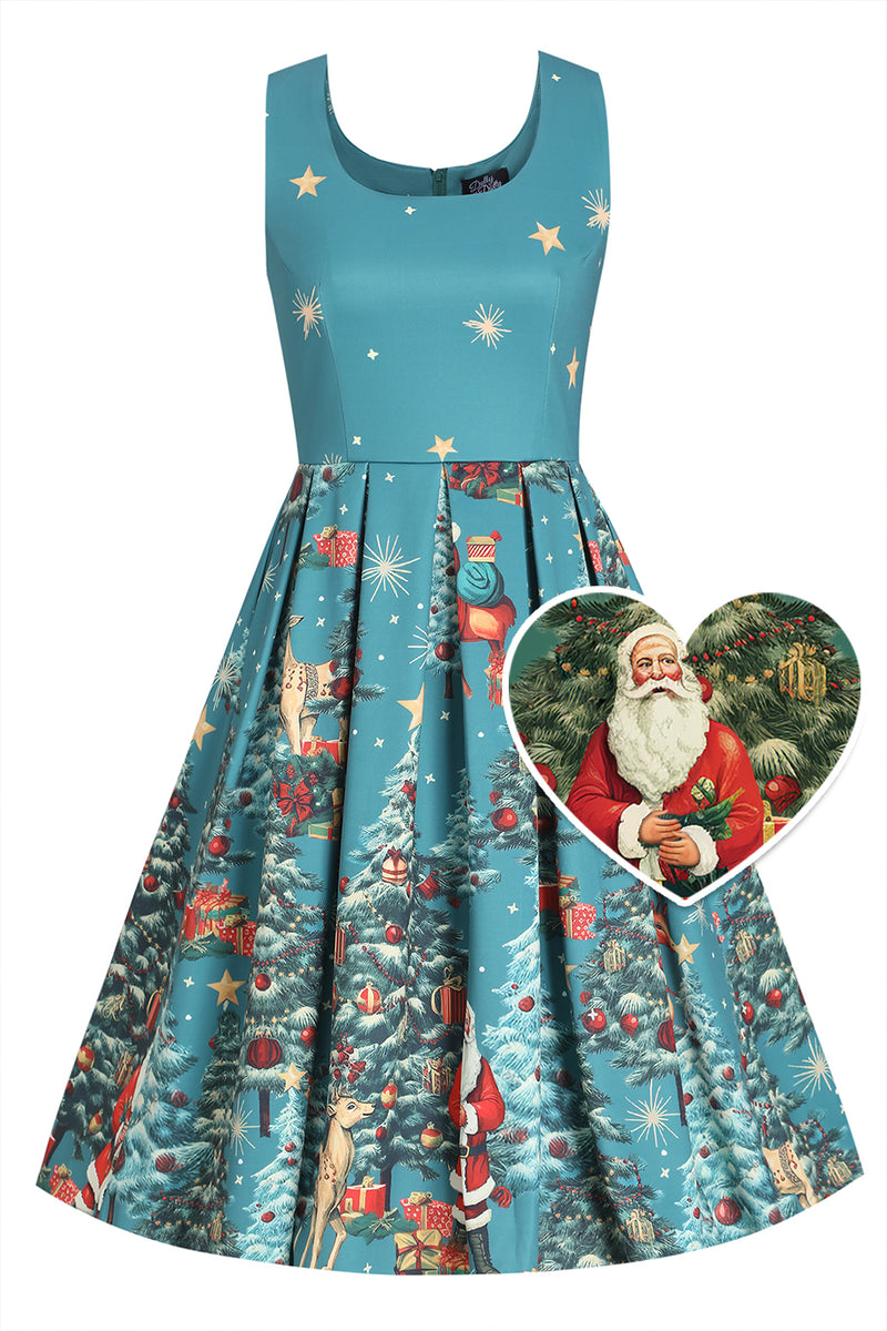 Amanda Dark Desaturated Cyan Christmas Santa Print Dress