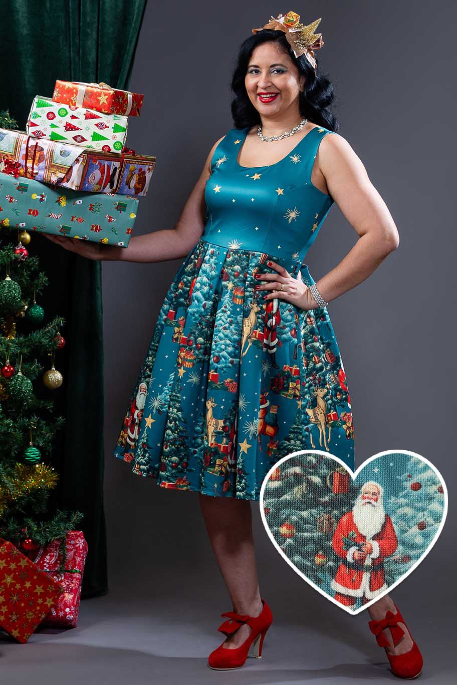 Amanda Dark Desaturated Cyan Christmas Santa Print Dress