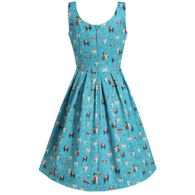 PRE ORDER Amanda Swing Dress in Turquoise Llama Print