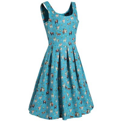 PRE ORDER Amanda Swing Dress in Turquoise Llama Print