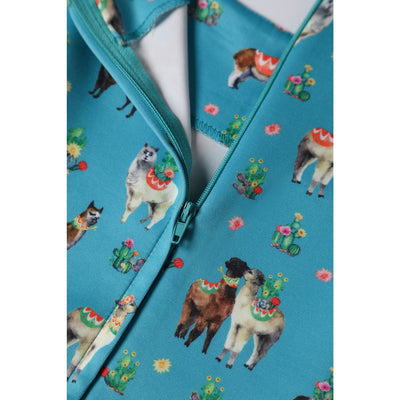 PRE ORDER Amanda Swing Dress in Turquoise Llama Print